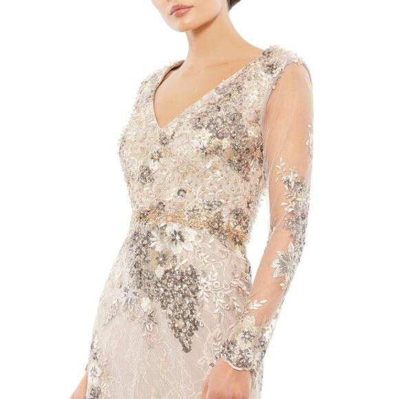 Mac Duggal Floral Embroidered Sequin Embellished V-Neck Illusion Gown 16 NWT - Picture 2 of 13